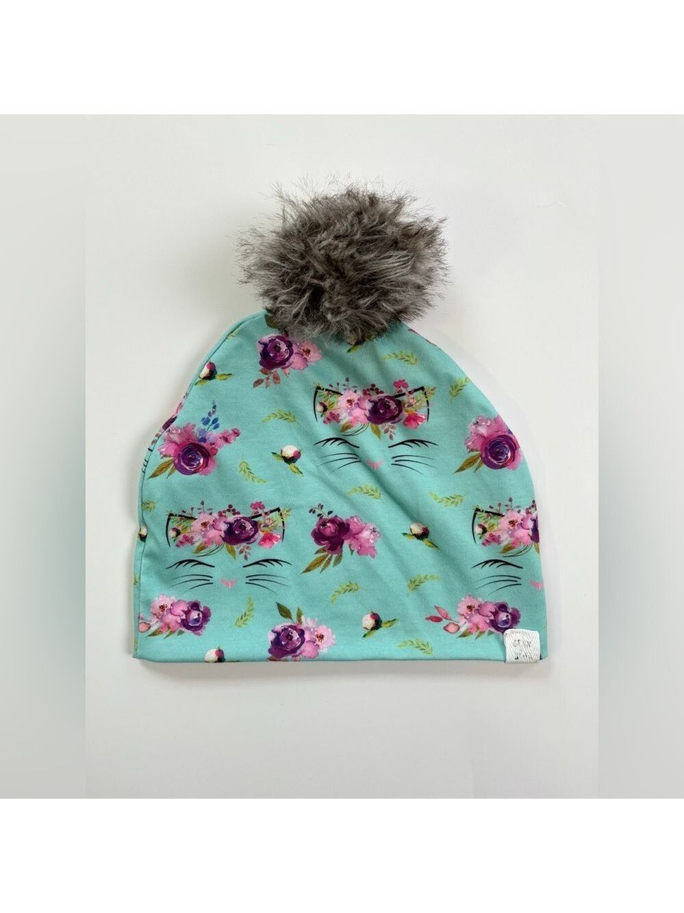 🩵 4/$20 Small Shop Handmade Floral Cat Kids Beanie‎ with Pom Pom